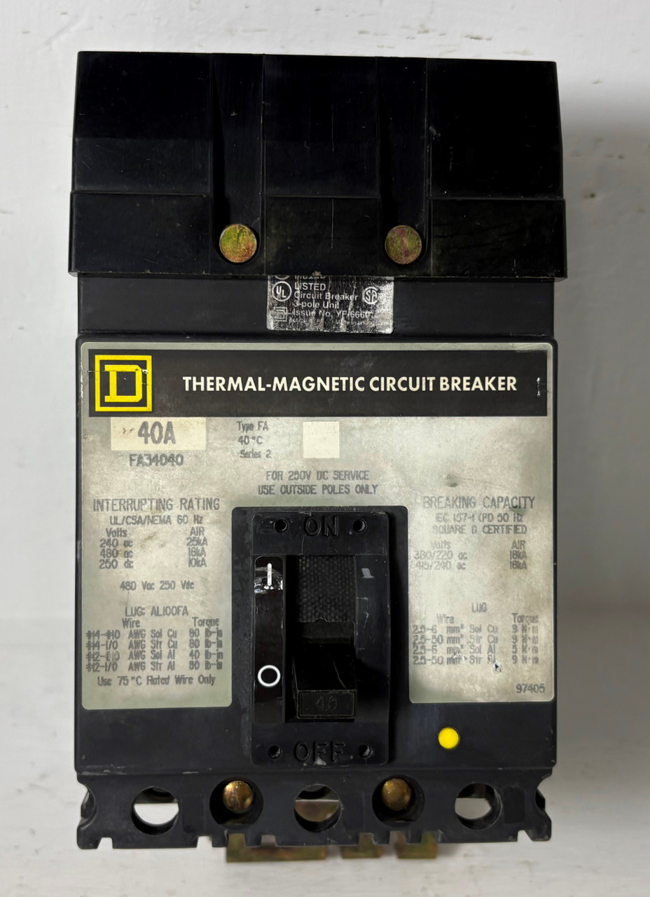 Square D I-Line FA34040 40A Circuit Breaker 480 VAC Type FA 40 Amp 3P bad label (EM5820-3)