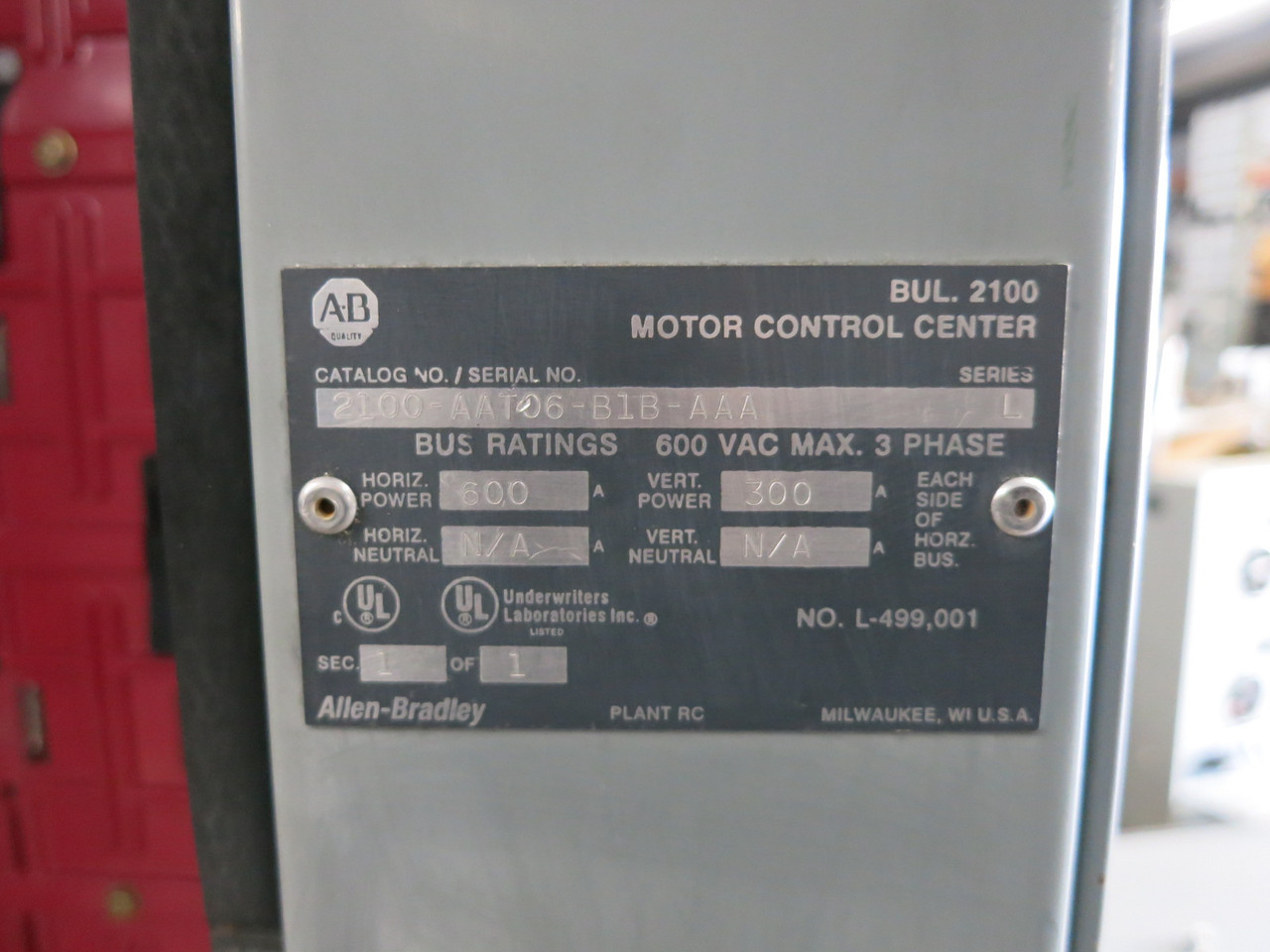 Allen Bradley Centerline 2100 600A 2x Section MCC Motor Control Center 600 Amp (DW7960-2)