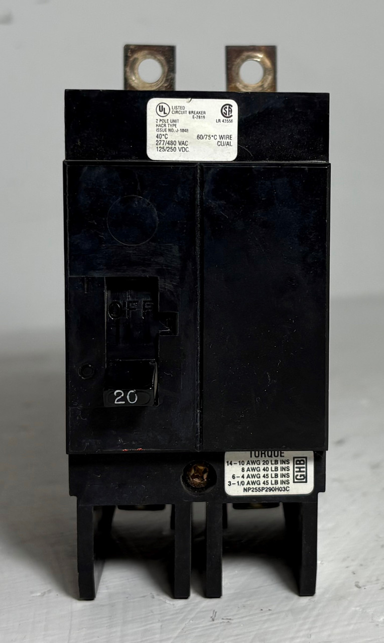 Westinghouse GHB2020 20A 2P Circuit Breaker 277/480 VAC GHB 20 Amp 2 Pole HACR (EM5840-9)