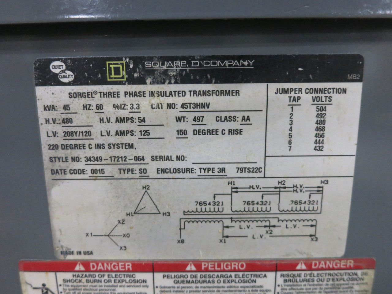 Square D 45 kVA 480 Delta - 208Y/120 V 3PH Dry Type Transformer 45T3HNV 480V 3R (DW7980-1)