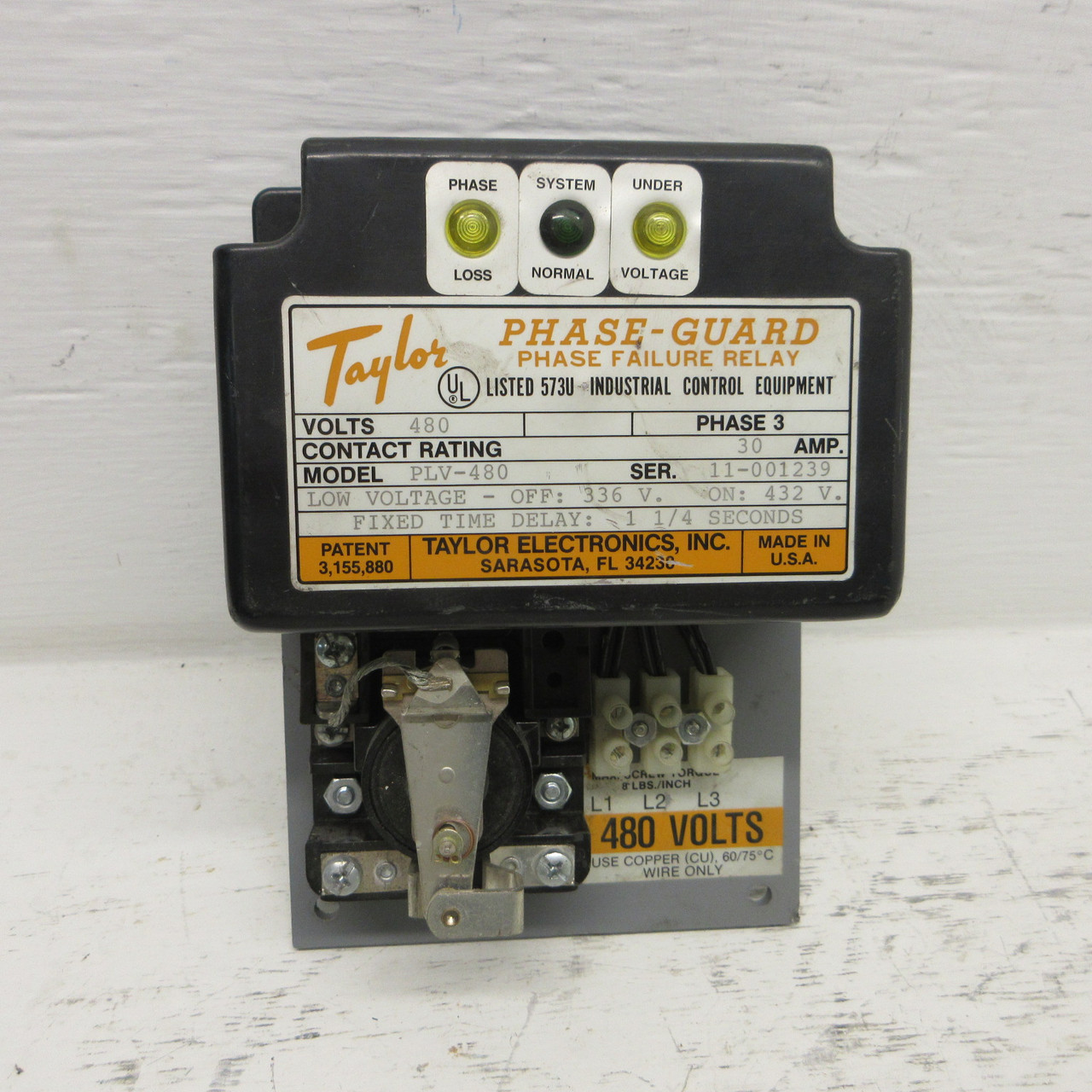 Taylor PLV-480 Phase-Gaurd Phase Failure Relay 480V 3PH 30A Fixed Time Delay USA (AH1005-1)