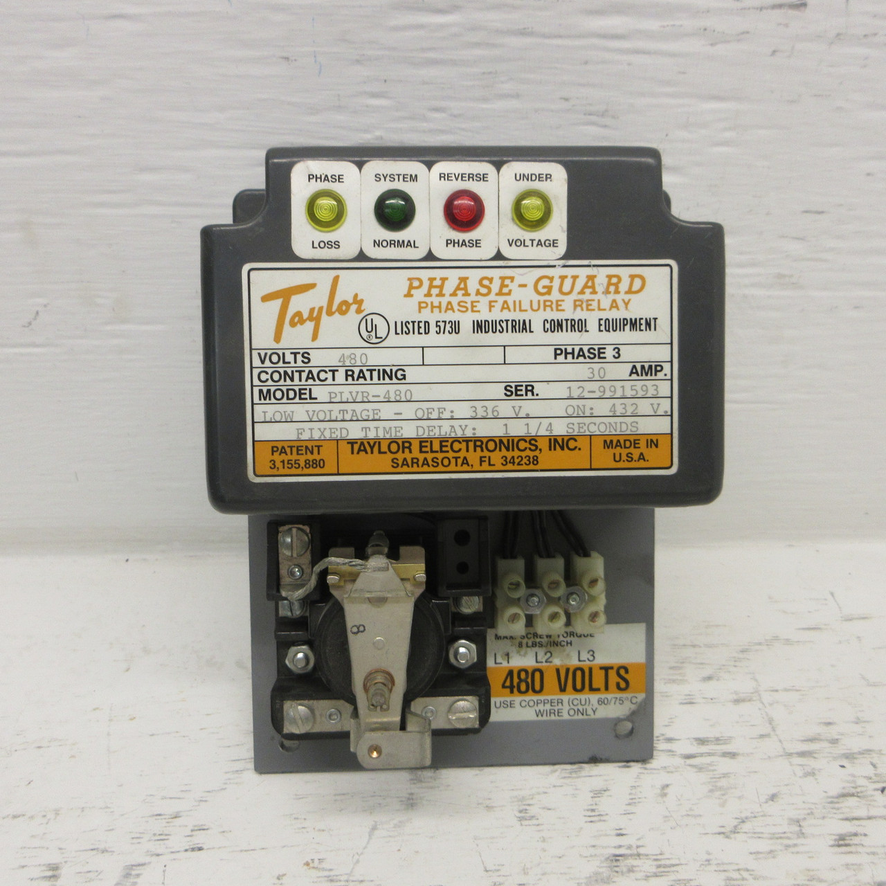 Taylor PLVR-480 Phase-Gaurd Phase Failure Relay 480V 3PH 30A Fixed Time Delay (AH1006-2)