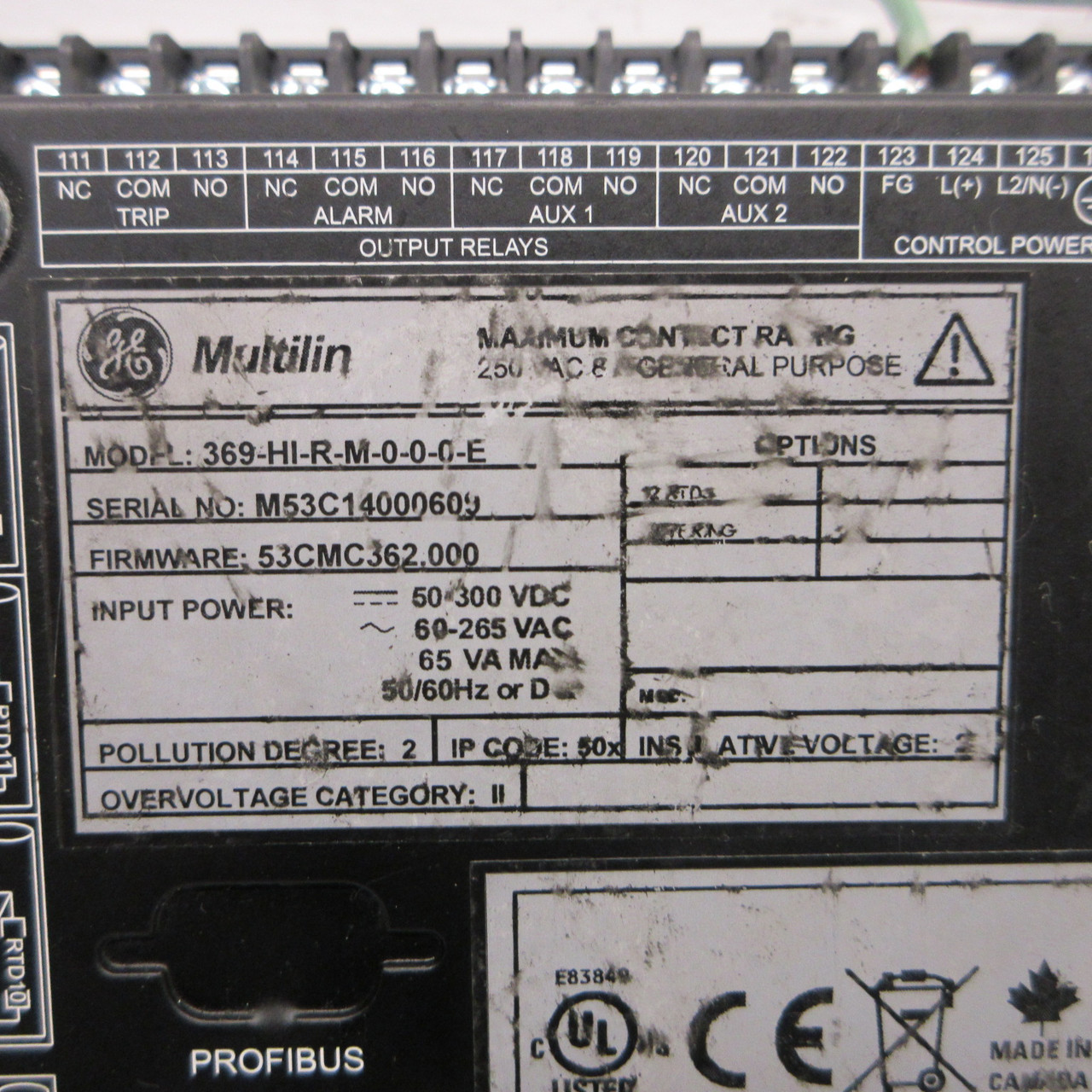 GE Multilin 369-HI-R-M-0-0-0-E 369 Motor Management Relay Firmware 53CMC362.000 (AH1017-1)