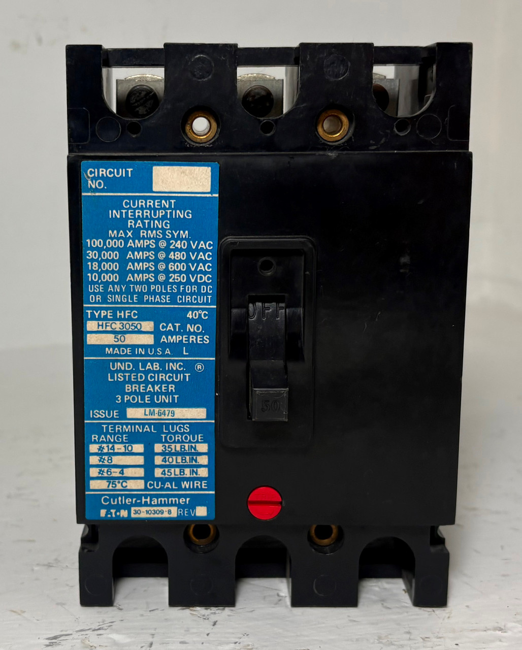 Cutler-Hammer HFC3050 50A Circuit Breaker 480/600V 3 Pole Type HFC 50 Amp Eaton (EM5842-1)