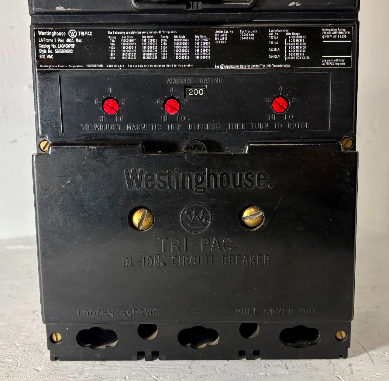 Westinghouse LA3400PRF 400A Trip-Pac Circuit Breaker 200 Amp Trip 600V 3P LA3200 (EM5848-1)