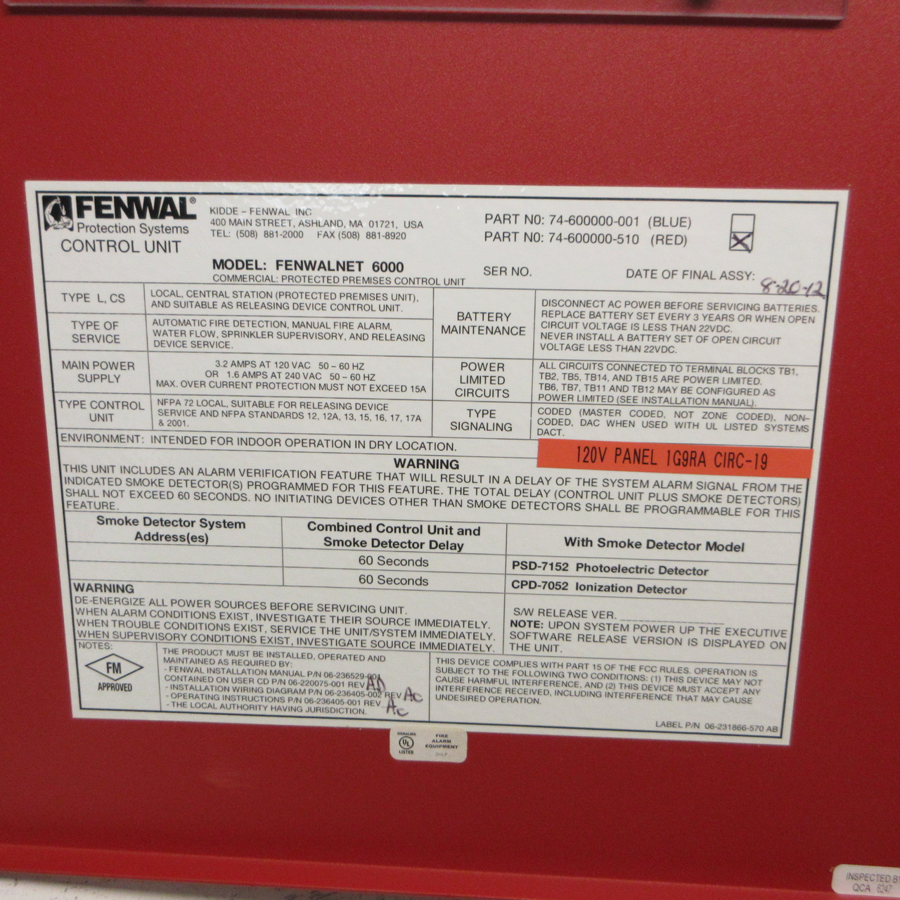 Fenwal Fenwalnet 6000 Red Fire Alarm Control Unit 74-600000-510 120VAC w/ 1 Key (AH1031-1)
