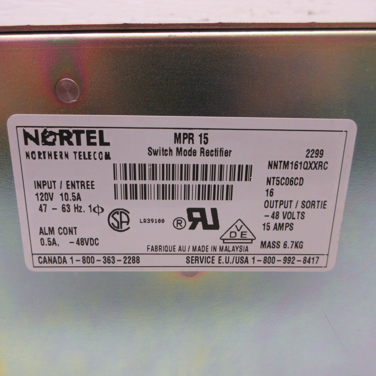 Nortel Northern Telecom MPR 15 Switch Mode Rectifier NT5C06CD 16 48V 15A 120VAC (AH1040-2)