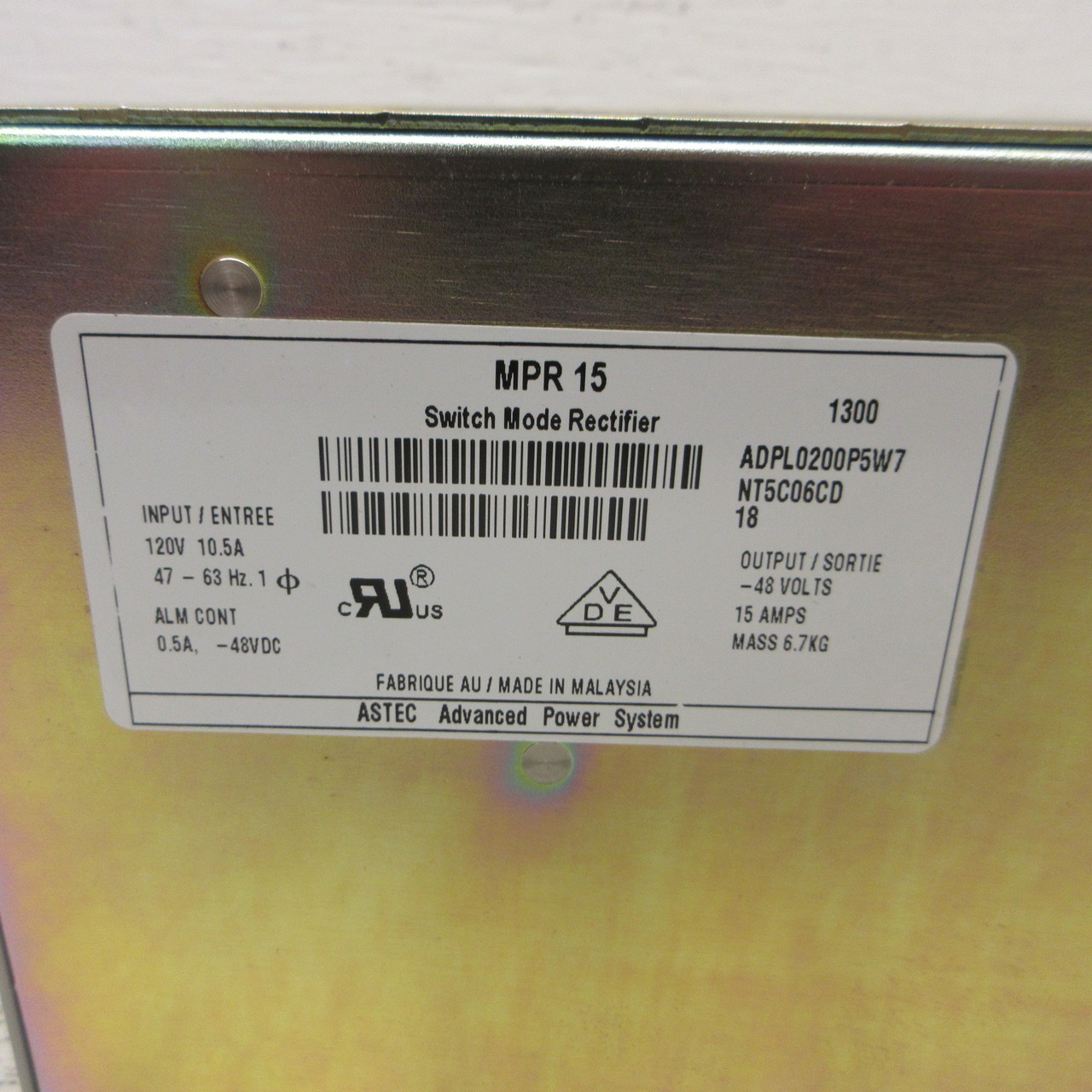 ASTEC Advanced Power System MPR 15 Switch Mode Rectifier NT5C06CD 18 15A 120VAC (AH1041-1)