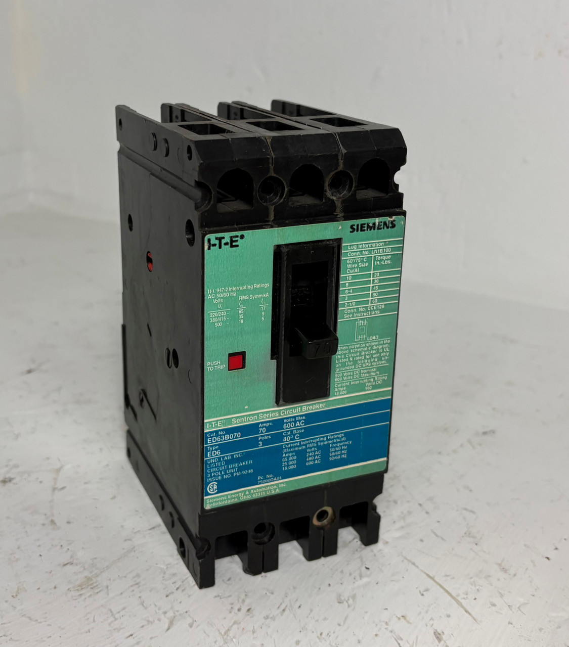 Siemens ED63B070 70A Sentron Circuit Breaker Type ED6 480/600V 3P ITE 70 Amp (EM5850-4)