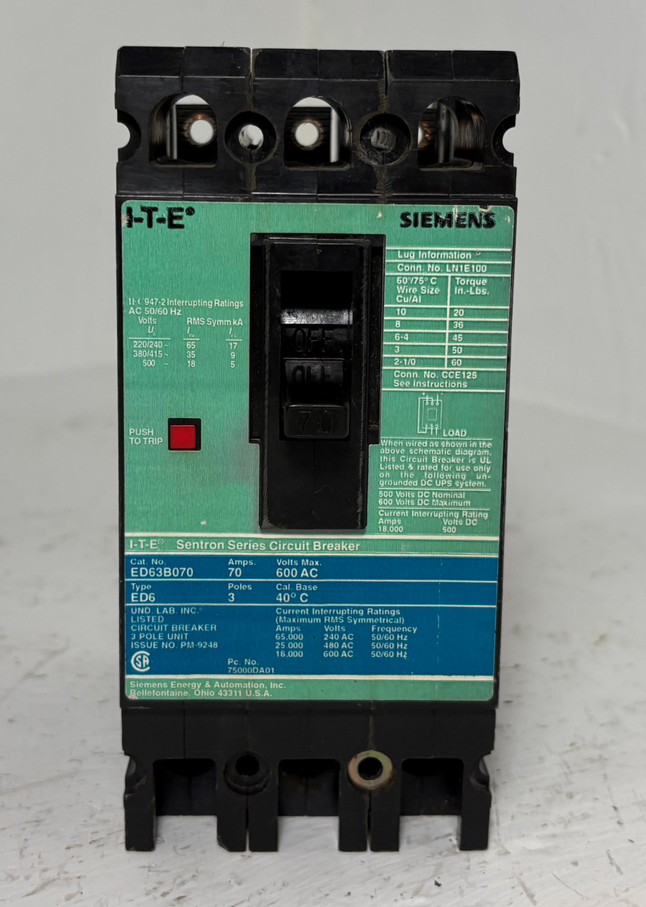 Siemens ED63B070 70A Sentron Circuit Breaker Type ED6 480/600V 3P ITE 70 Amp (EM5850-4)