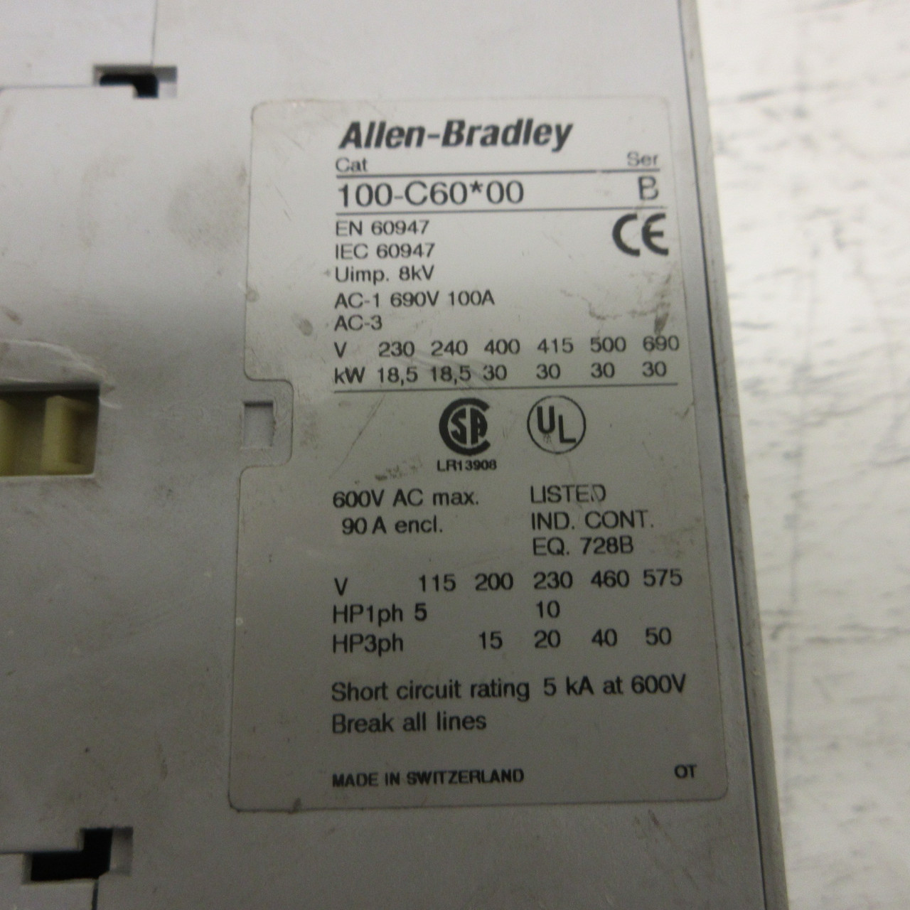 Allen Bradley 100-C60*00 Ser B Motor Contactor 120V Coil C60 90A 600VAC 100C6000 (AH1058-2)