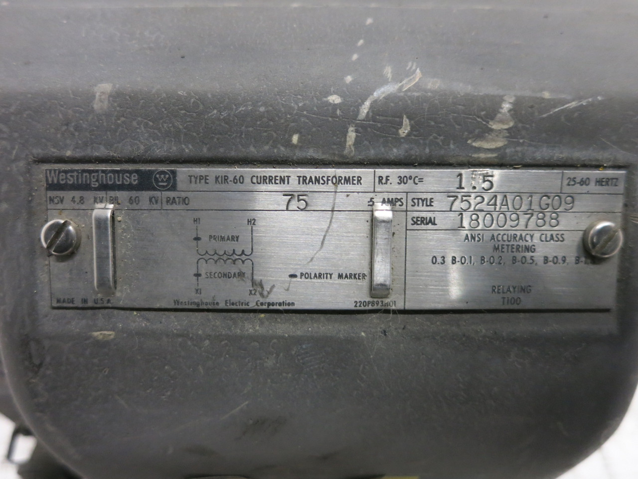 Westinghouse 7524A01G09 Type KIR-60 Current Transformer Ratio 75:5 Amp CT KIR60 (DW8021-1)