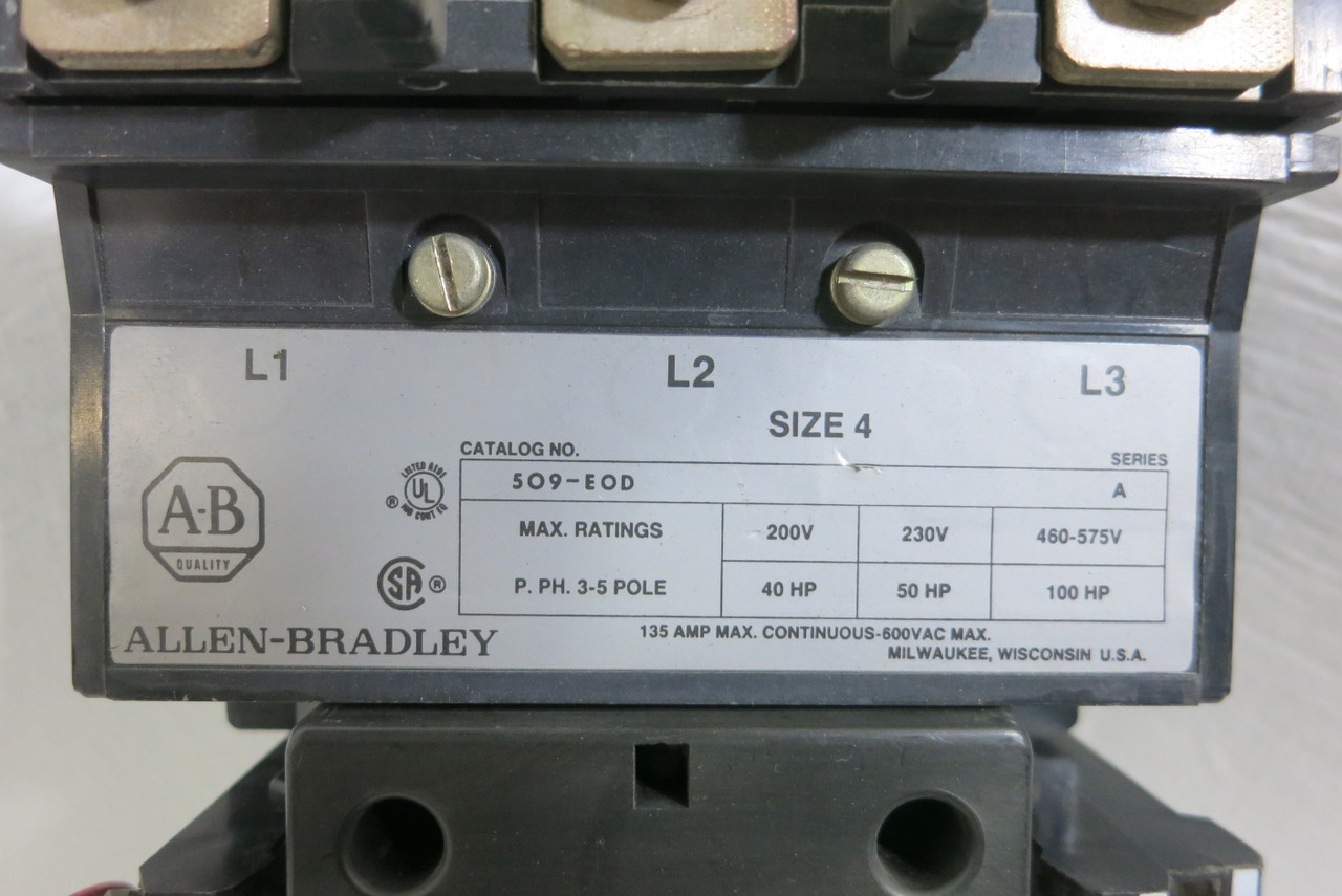 Allen Bradley 509-EOD Size 4 Motor Starter Series A 120V Coil 100HP 135 Amp (BJ1090-1)