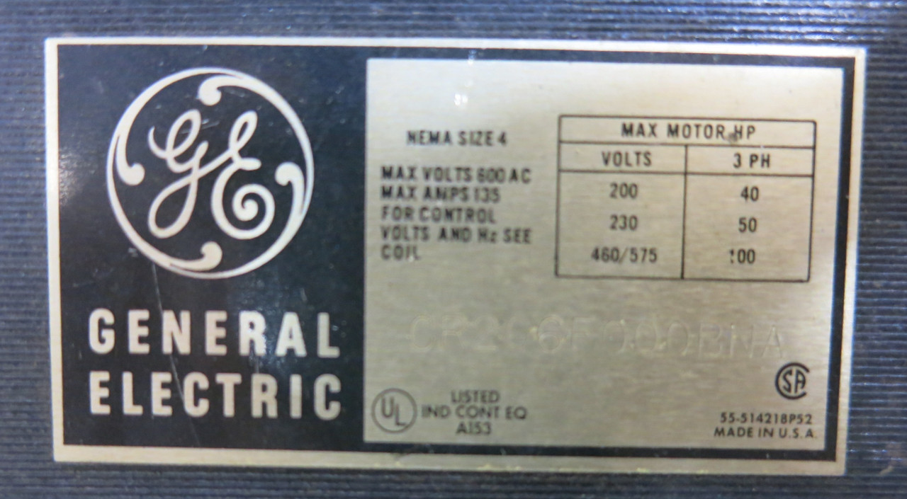 GE CR206F000BNA Size 4 Motor Starter 100HP 135A 600VAC 120V Coil CR206FOOOBNA (BJ1092-1)