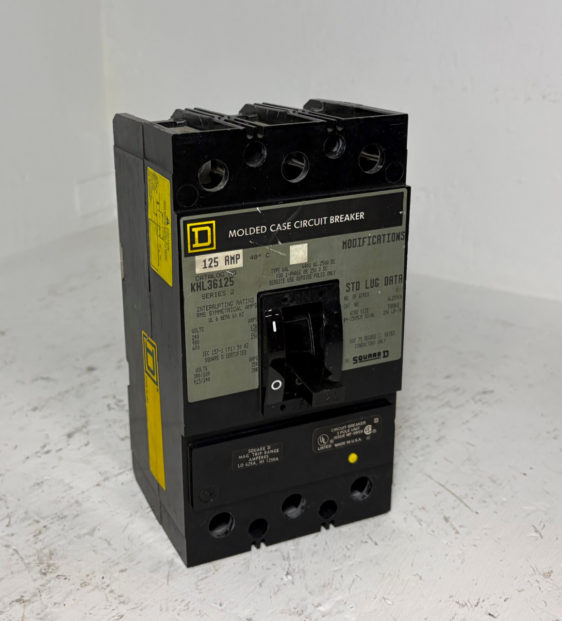 Square D KHL36125 125A Circuit Breaker 480/600V Type KAL 3 Pole 125 Amp KHL (EM5859-1)