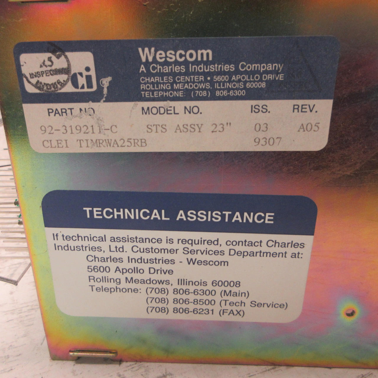 Wescom 92-319211-C Module Rack STS Assy 23" Issue 03 Rev A05 CLEI TIMRWA25RB (AH1092-2)
