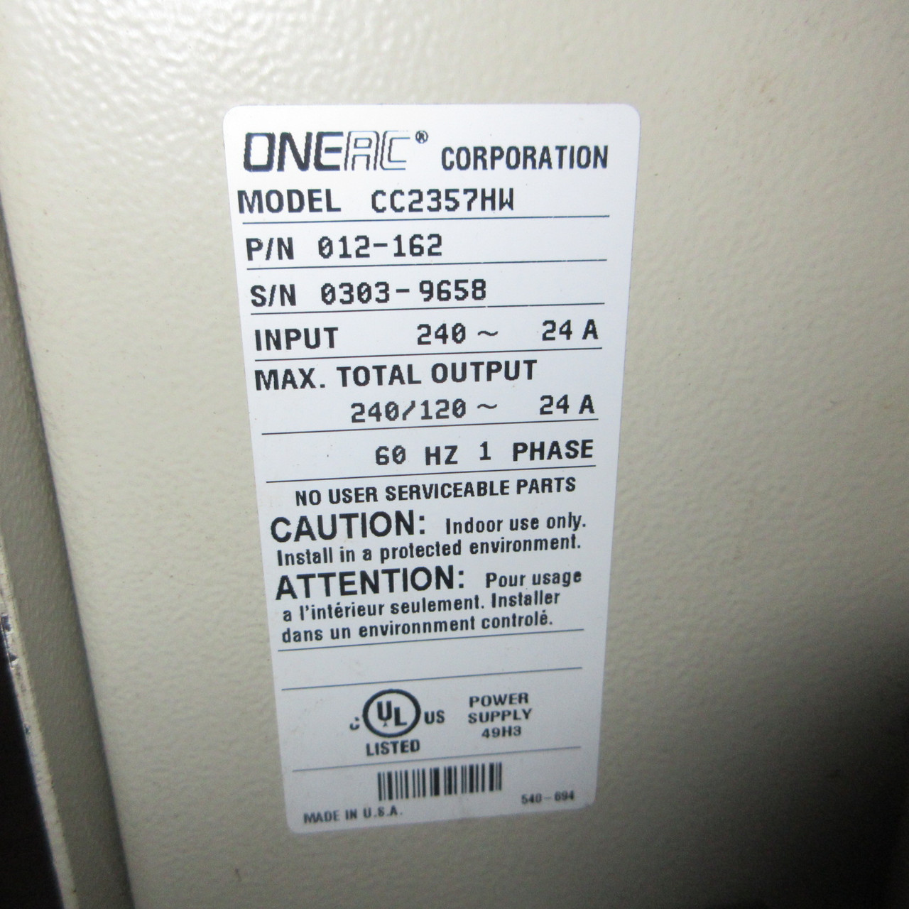 ONEAC CC2357HW Power Conditioner CC2357 012-162 In: 240V~24A Out: 240V/120V~24A (AH1102-1)