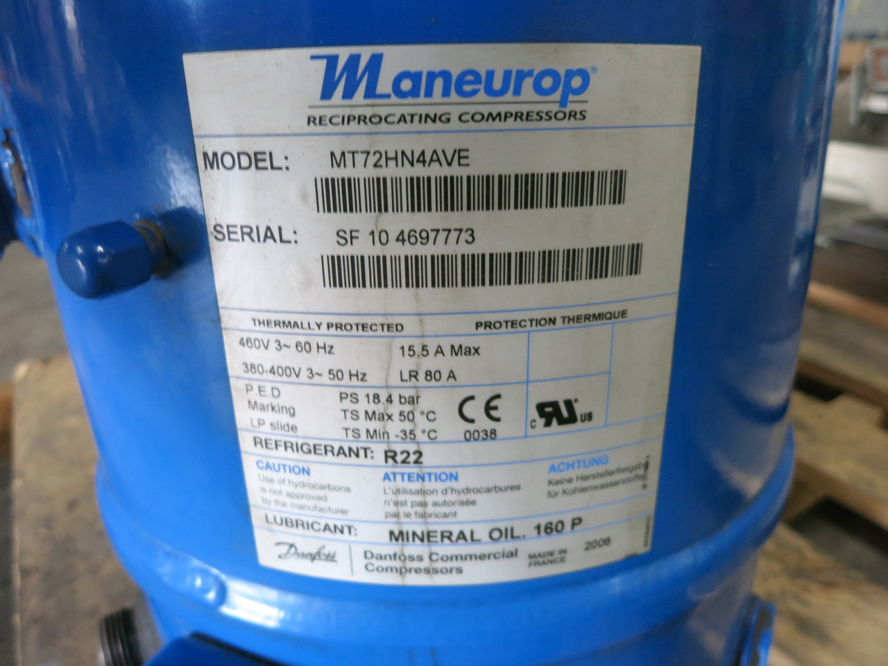 Danfoss MT72HN4AVE Maneurop Reciprocating Compressor 460V PS 18.4 bar MT72 (DW8036-1)