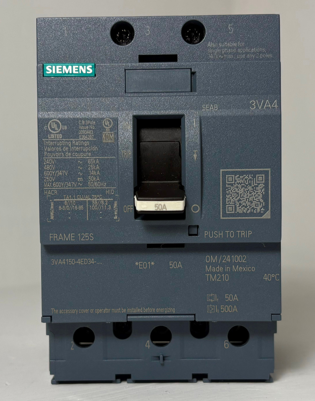 NEW Siemens 3VA4 125A Circuit Breaker w/ 50 Amp Trip 3VA4150-4ED34-0AA0 125S NIB (EM5871-1)