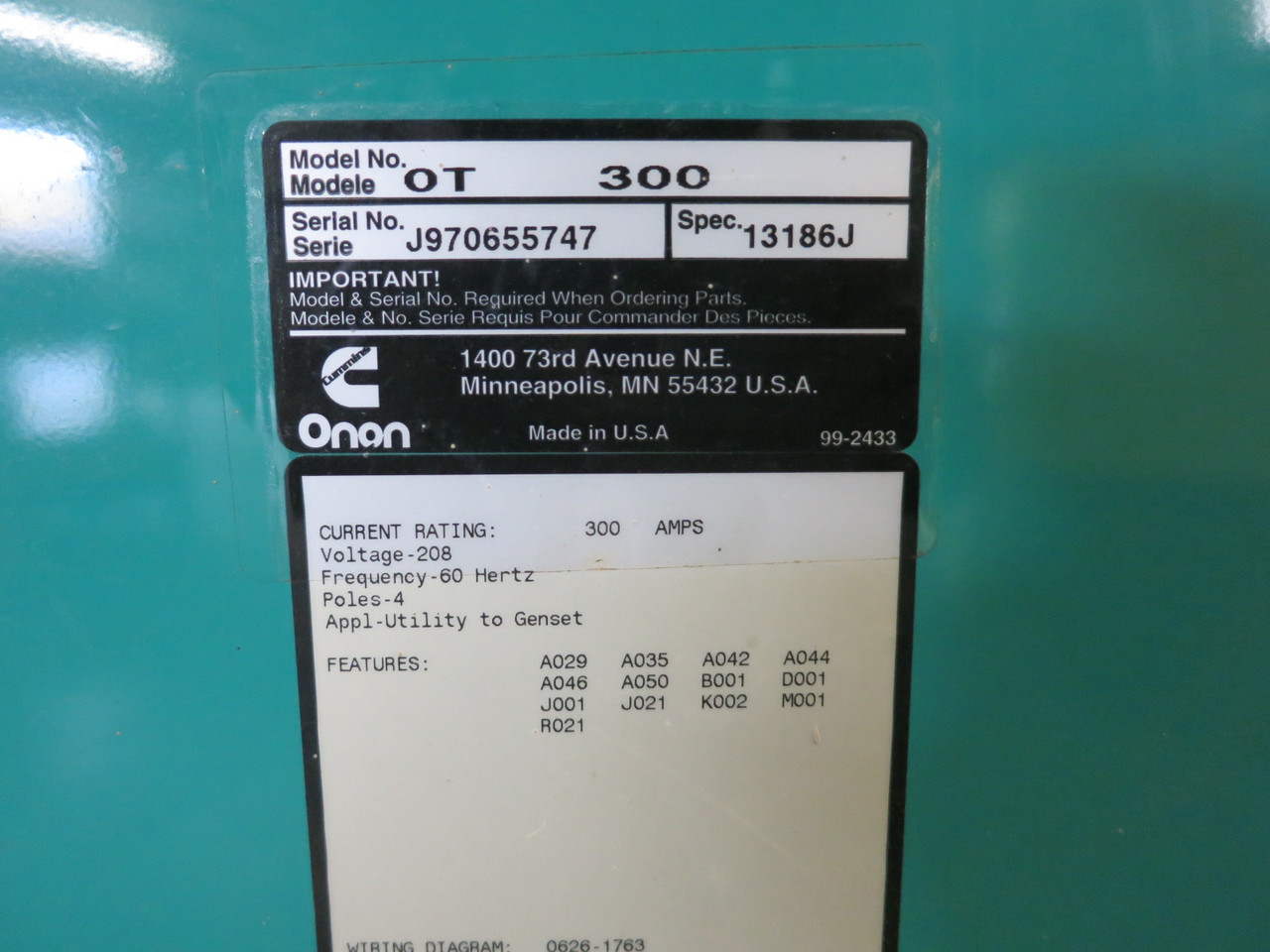 Onan OT-300-13186J 300A 208V Transfer Switch 300 Amp 208 VAC 3PH ATS 306-3491-03 (DW8042-1)