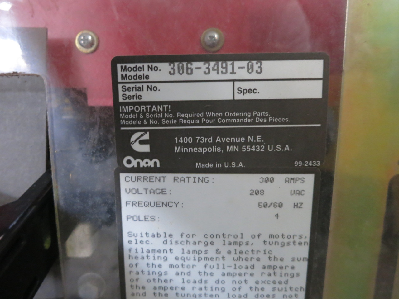 Onan OT-300-13186J 300A 208V Transfer Switch 300 Amp 208 VAC 3PH ATS 306-3491-03 (DW8042-1)
