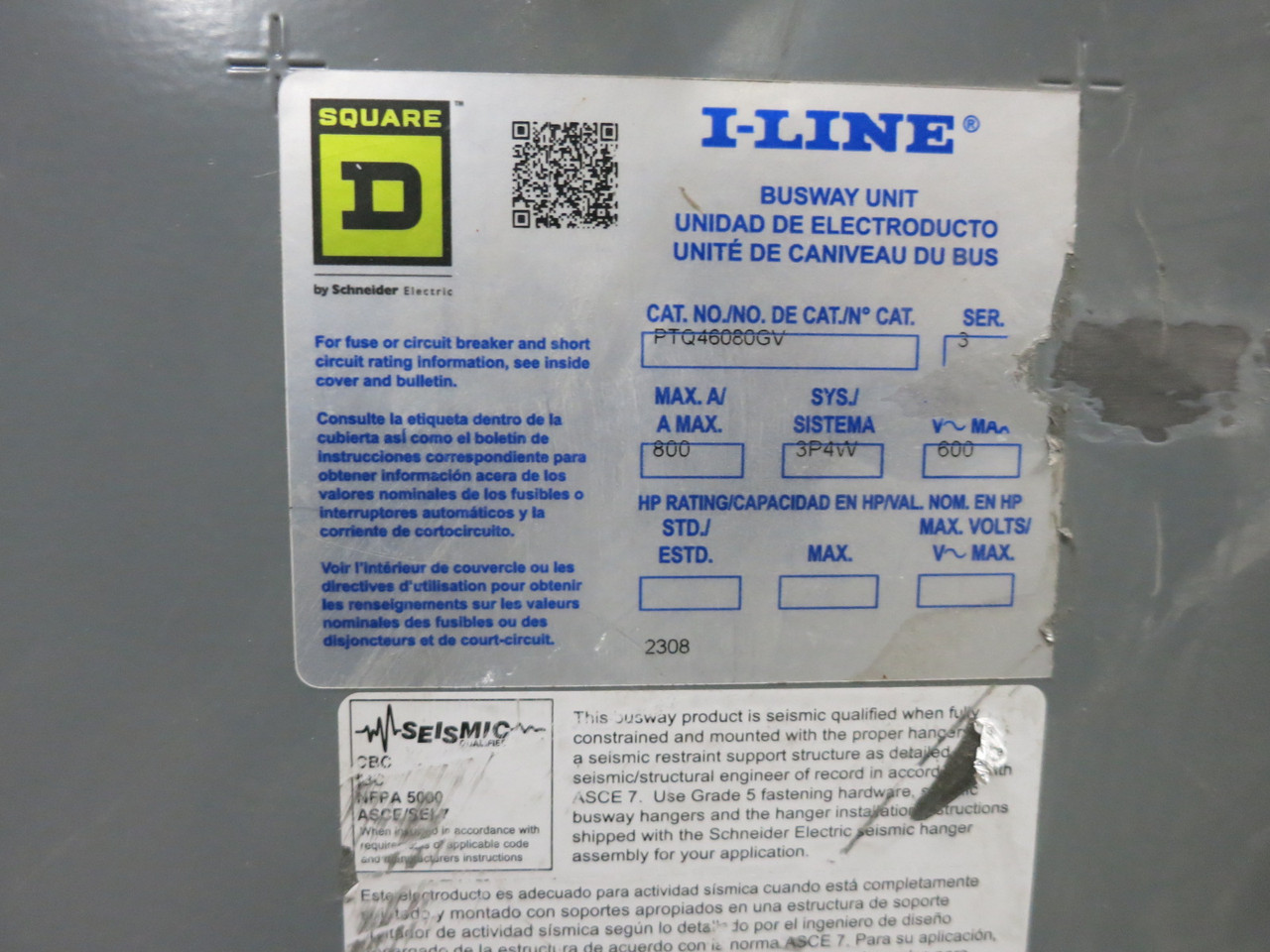 Square D PTQ46080GV 800A 600V I-Line Busway Switch Bus Plug 3PH 4W 800 Amp Ser 3 (DW8043-2)