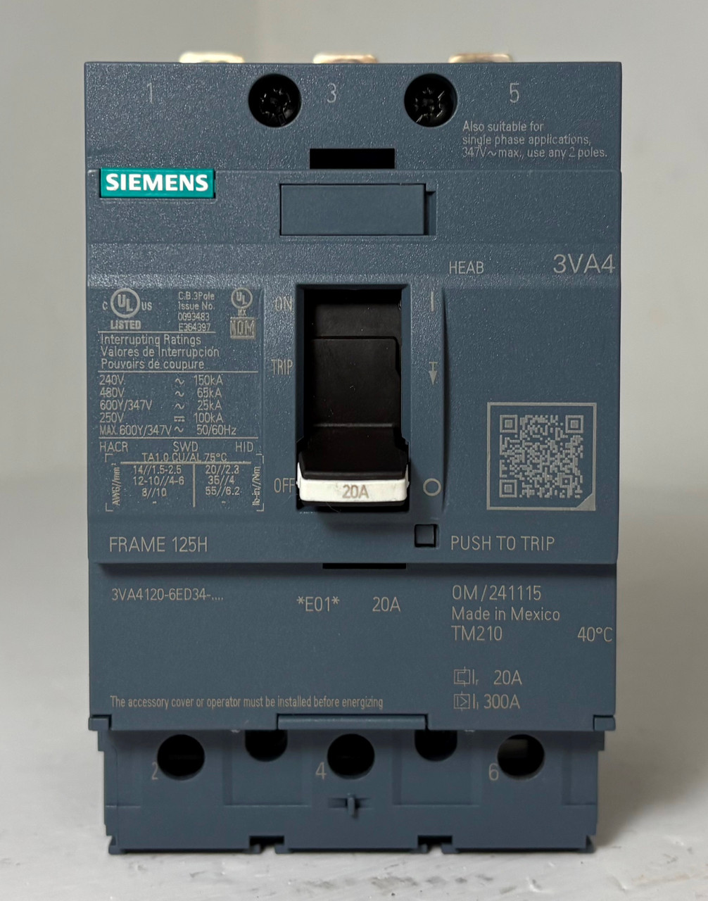 NEW Siemens 3VA4 125A Circuit Breaker w/ 20 Amp Trip 3VA4120-6ED34-0AA0 125H NNB (EM5876-1)