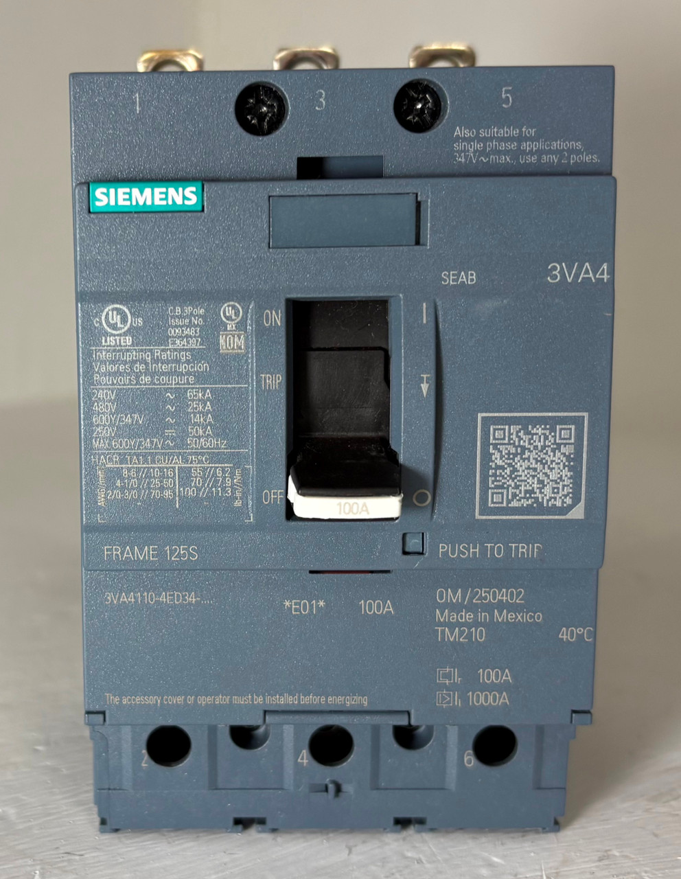 NEW Siemens 3VA4 125A Circuit Breaker w 100 Amp Trip 3VA4110-4ED34-0AA0 125S NNB (EM5880-1)