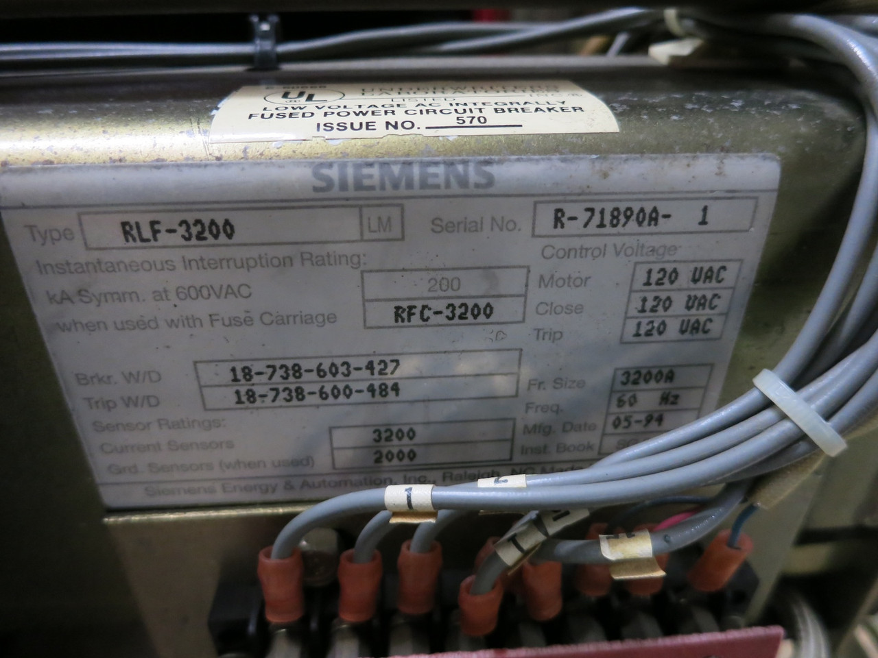 Siemens RLF-3200 3200A Air Breaker LSIG Static Trip III RMS-TSIG-TZ-CPX 3200 Amp (DW7894-1)