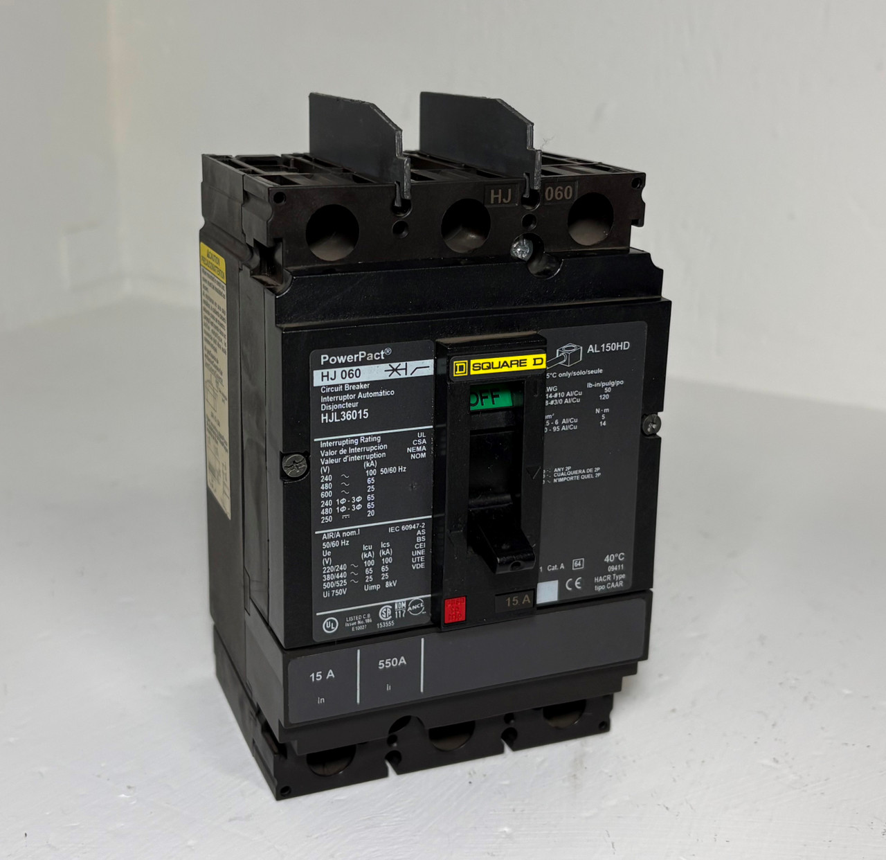 Square D HJL36015 15A PowerPact Circuit Breaker HJ 060 600V 3 Pole HJ060 15 Amp (EM5882-1)