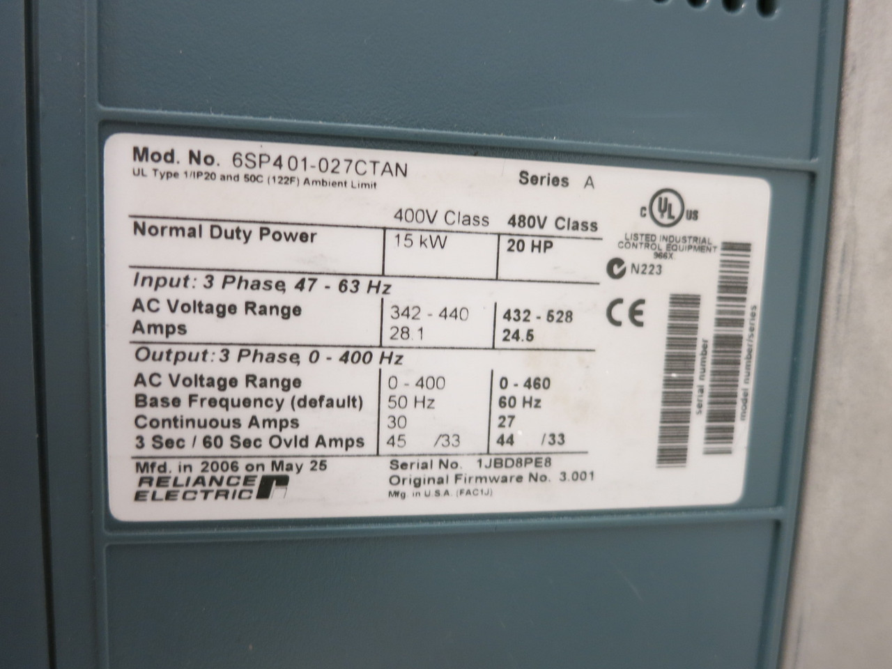Reliance Electric 6SP401-027CTAN 20 HP SP600 AC VS Drive 480V VFD 480 VAC SP-600 (DW8053-1)