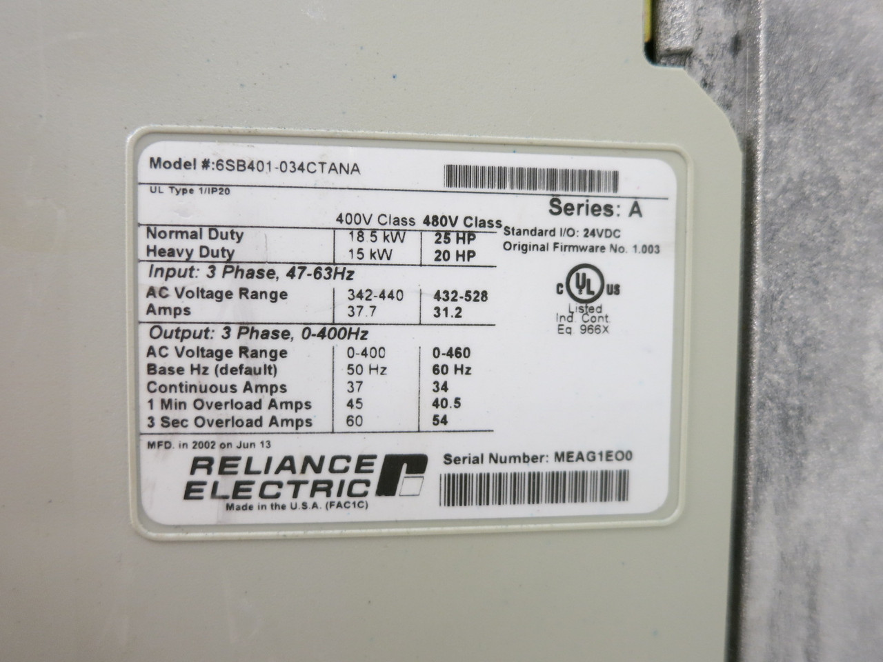 Reliance Electric 6SB401-034CTANA 25 HP SP600 AC VS Drive 480V VFD 480 VAC (DW8051-1)