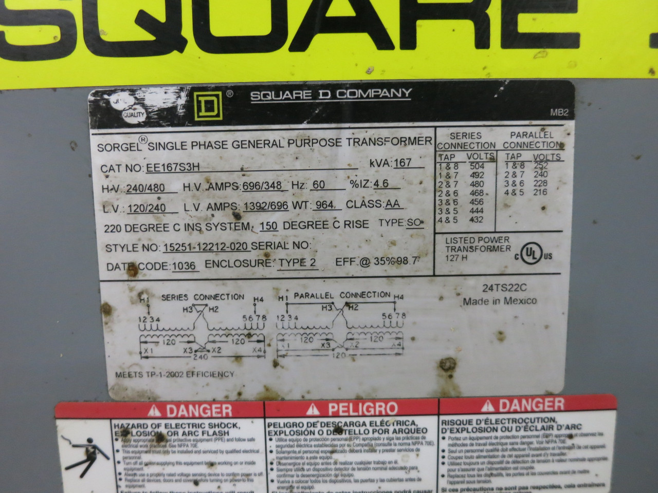 Square D 167 kVA 240x480 to 120/240 V 1PH Dry Type Transformer EE167S3H 480V (DW8063-1)