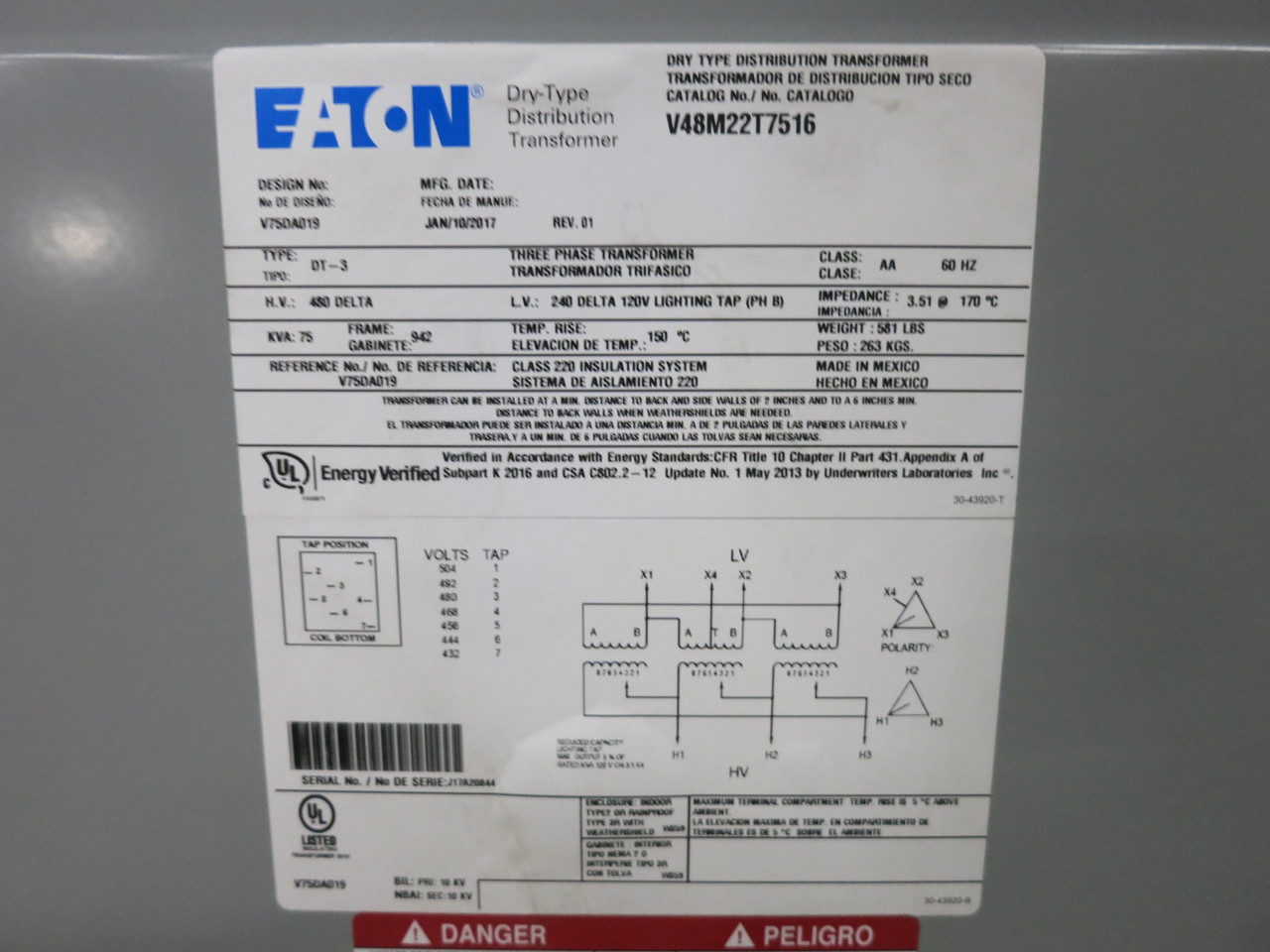 Eaton 75 kVA 480 Delta to 240 Delta V 3PH Dry Type Transformer 480V - 240V DT-3 (DW8061-2)