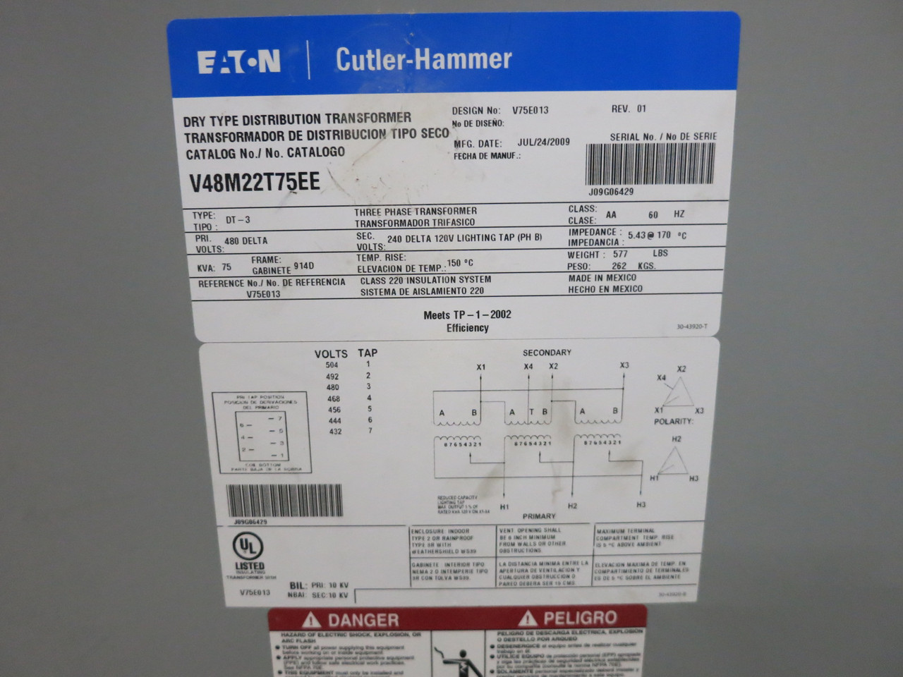 Eaton 75 kVA 480 Delta - 240 Delta V 3PH Dry Type Transformer 480V to 240V DT-3 (DW8067-1)