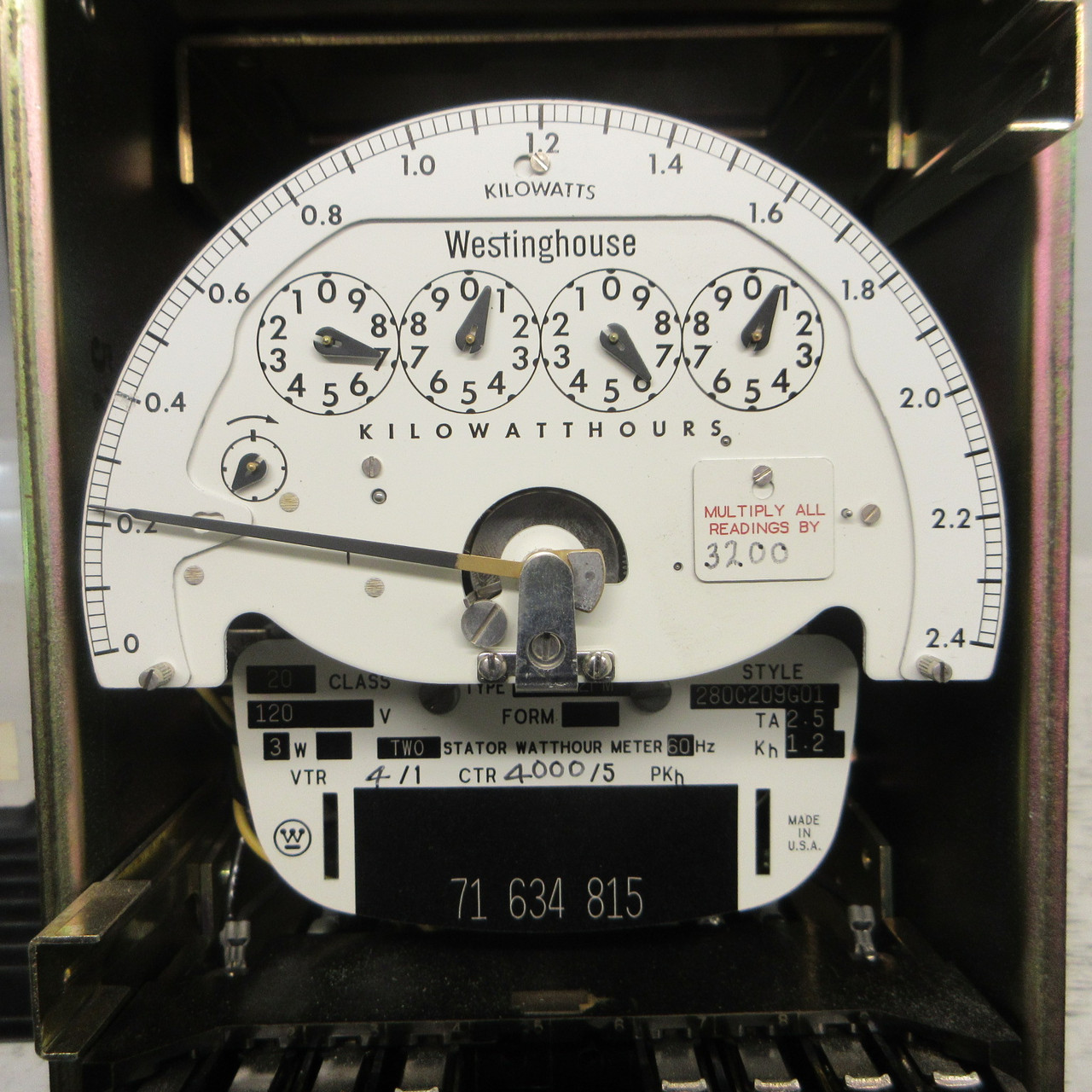 Westinghouse 280C209G01 Two-Stator Watthour Meter Type D4B-2FM 120V 3W Class 20 (AH1121-1)