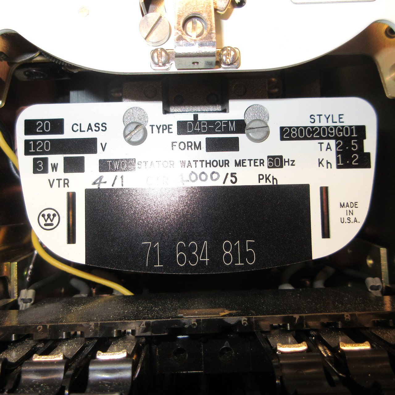 Westinghouse 280C209G01 Two-Stator Watthour Meter Type D4B-2FM 120V 3W Class 20 (AH1121-1)