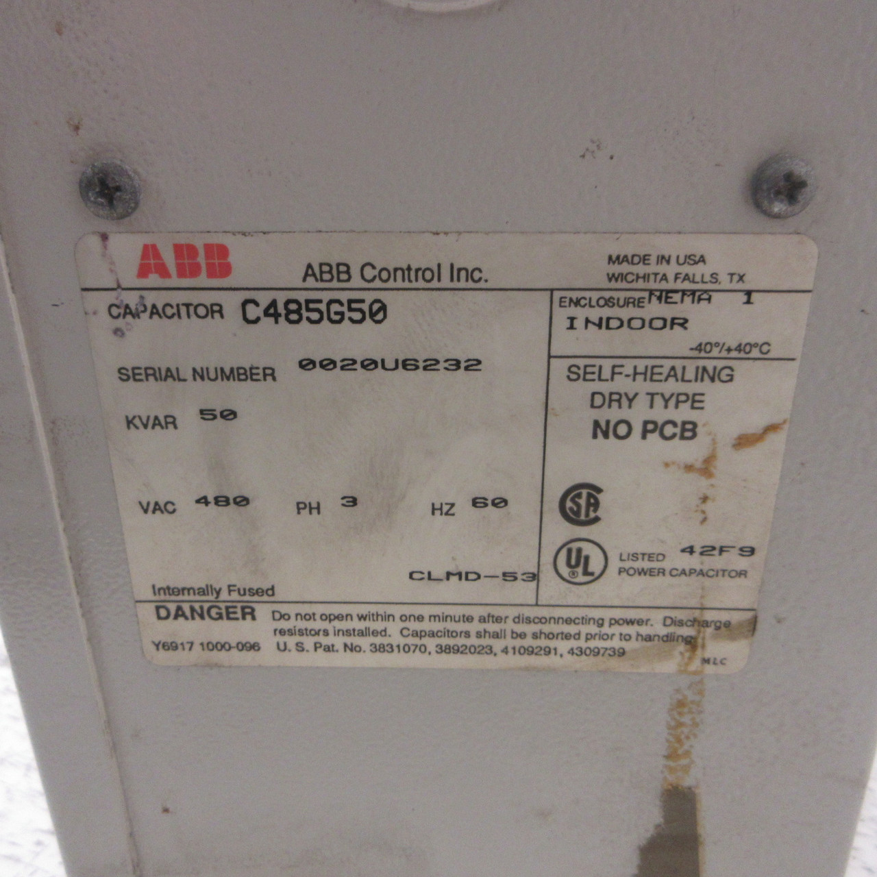 ABB LVNQ C485G50 Indoor Capacitor CLMD-53 50 KVAR 480V 3PH Self-Healing Dry Type (AH1127-1)