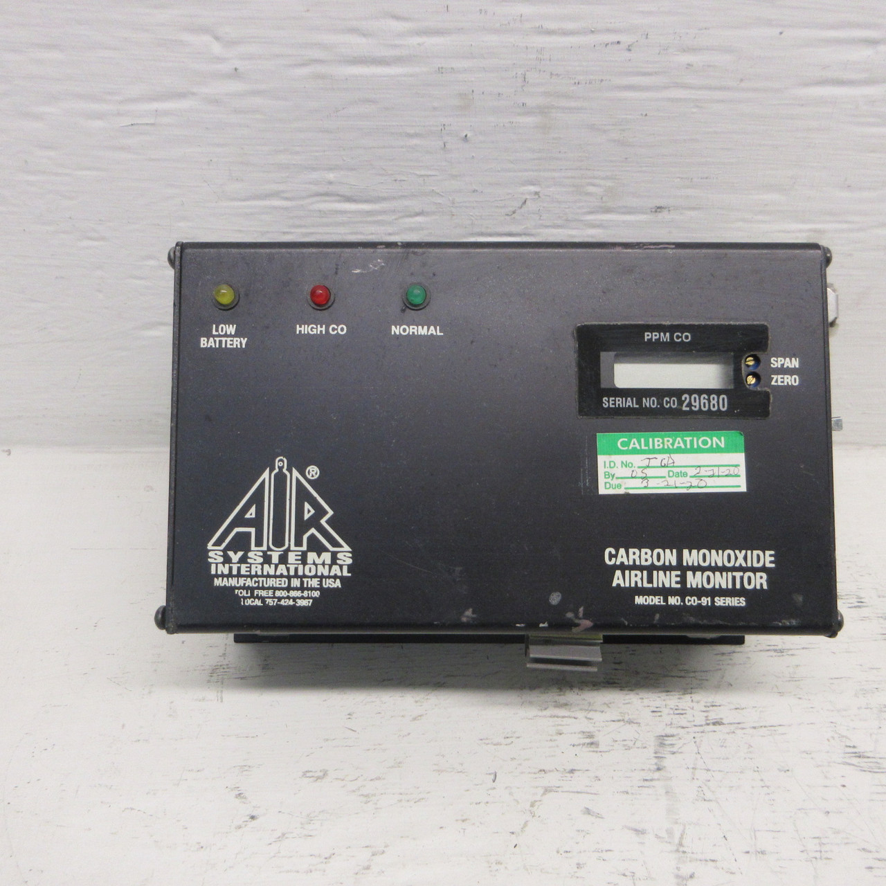 Air Systems International Model No. C0-91 Series Carbon Monoxide Airline Monitor (AH1129-1)