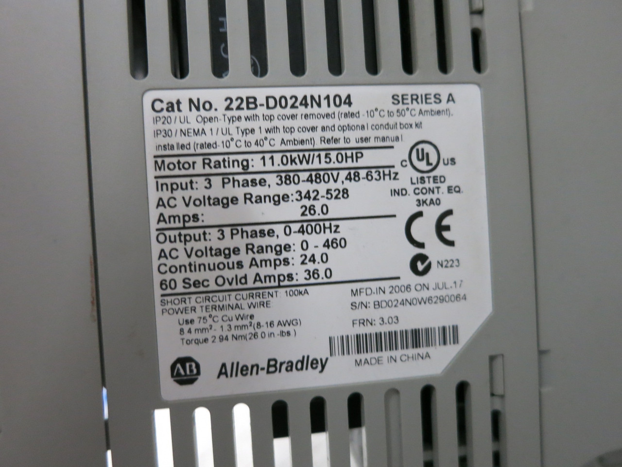 Allen Bradley 22B-D024N104 Ser A 15 HP PowerFlex 40 AC VS Drive 480V VFD 3.03 (DW8096-1)