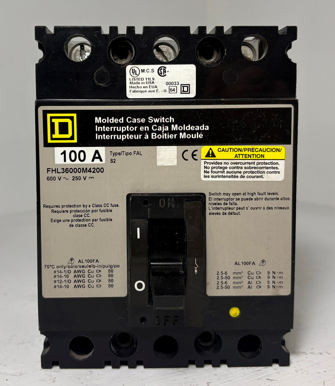 Square D FHL36000M4200 100A Molded Case Switch Type FAL 3P 480/600V 100 Amp HACR (EM5905-1)