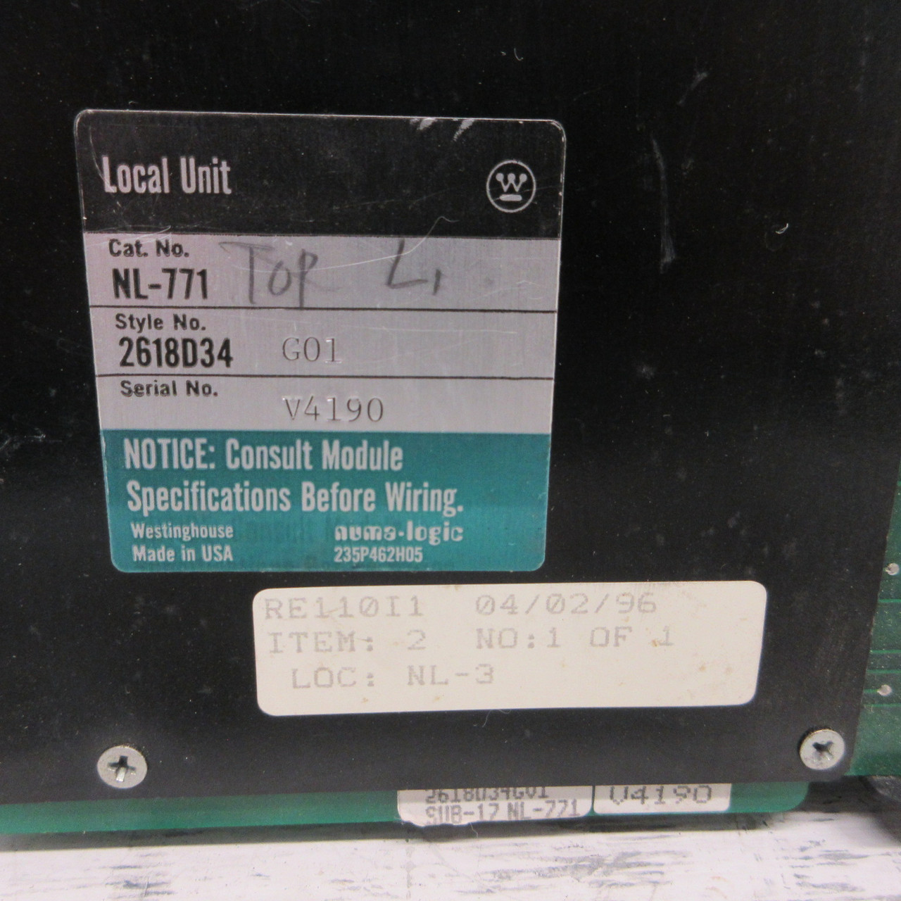 Westinghouse Numa Logic NL-771 Local Unit Style: 2618D34 G01 PLC Board NL NL771 (AH1164-1)