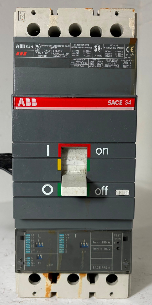 ABB S4N 250A SACE S4 Circuit Breaker 3 Pole w/ Shunt & Aux 600V PR211 250 Amp LI (EM5911-3)