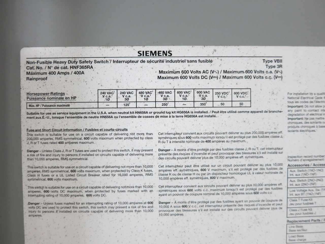 Siemens HNF365RA 400A 600V Non-Fusible Safety Switch Disconnect 400 Amp 3R (DW8119-1)