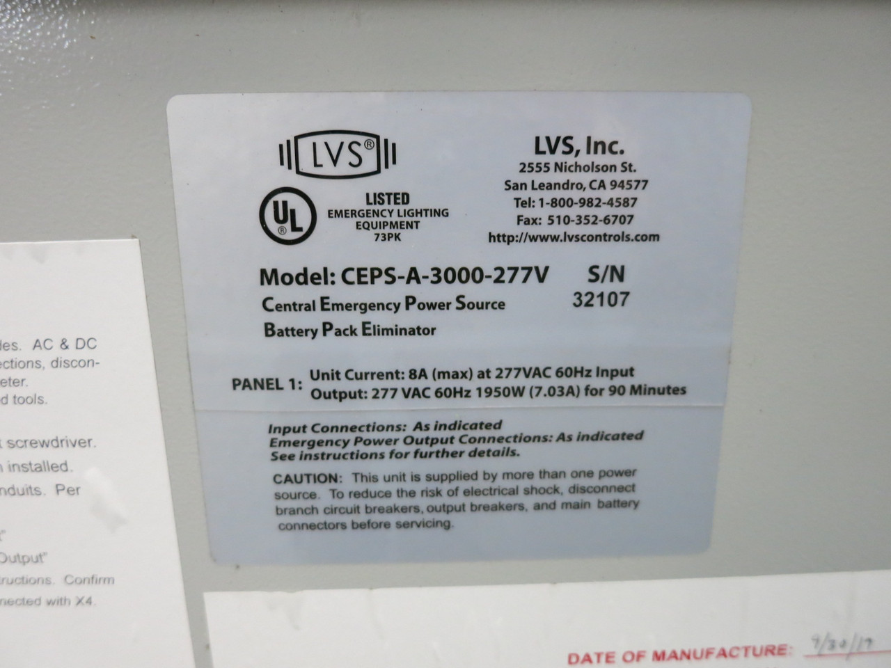 NEW LVS CEPS-A-3000-277V Emergency Lighting Inverter Central Power Source 3000W (DW8127-1)