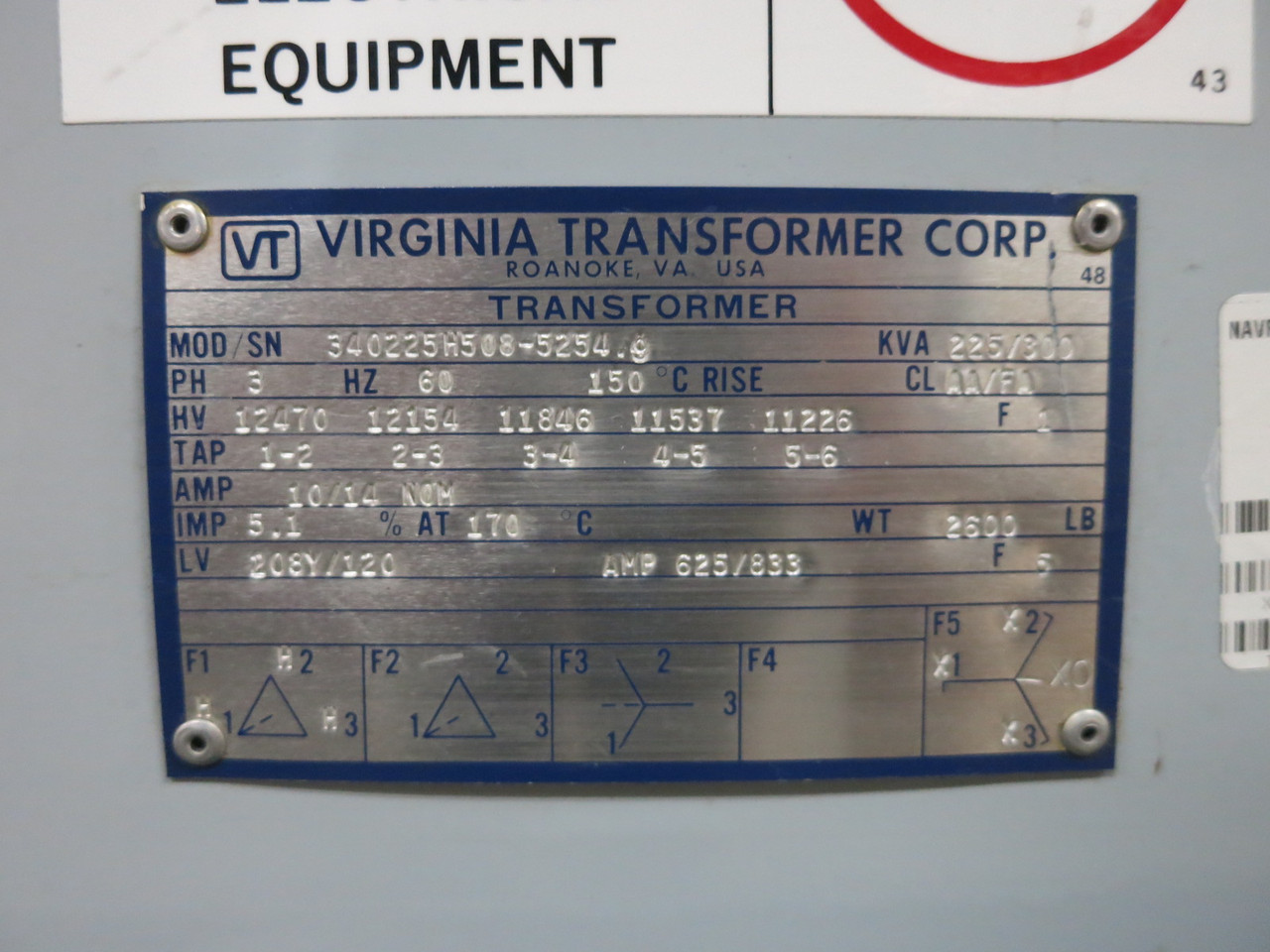 Virginia 225/300 kVA 12470 to 208Y/120 V 3PH Dry Type Transformer 12470V - 208 (DW8133-1)