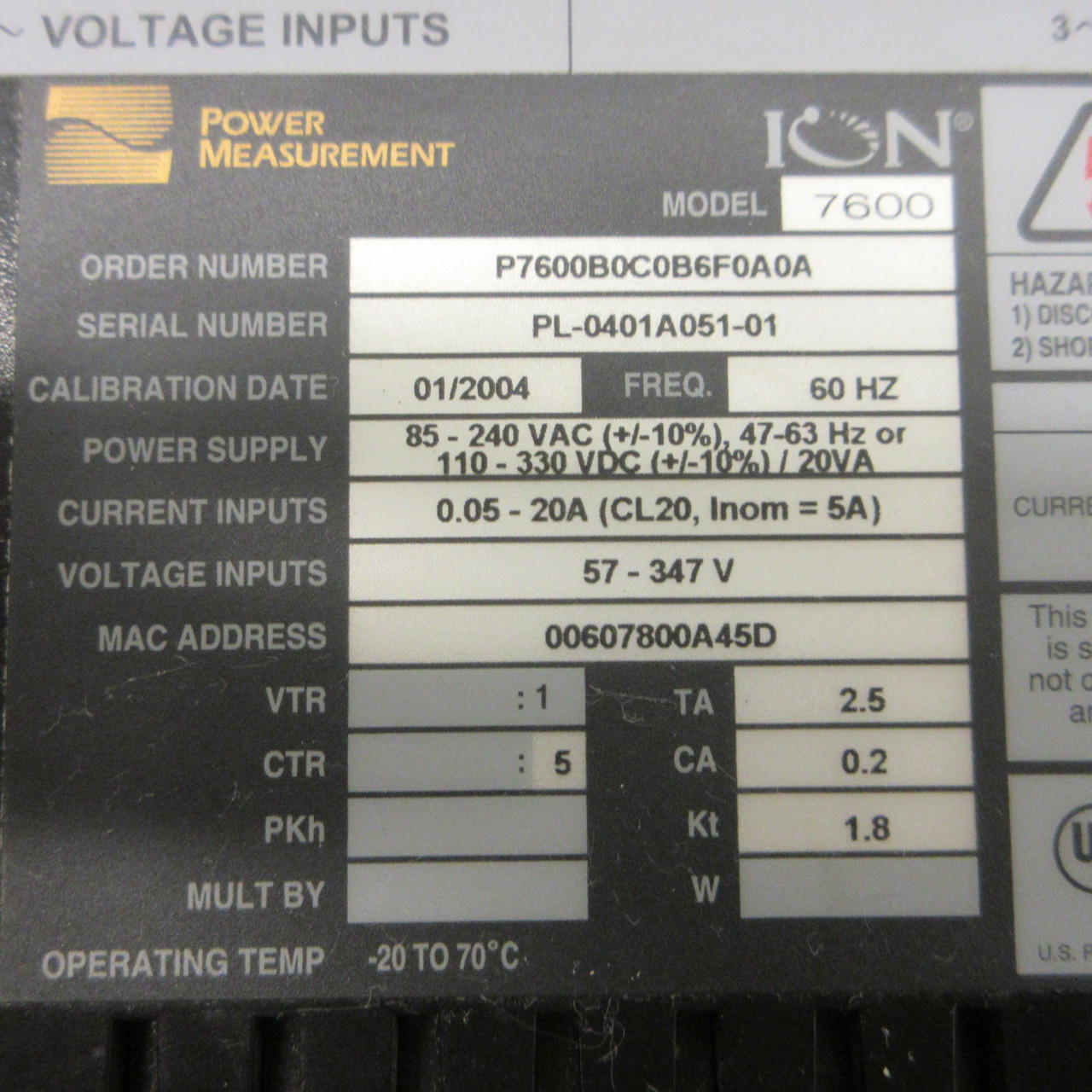 Power Measurement ION 7600 Energy & Power Quality Meter 85-240V 97600B0C0B6F0A0A (AH1195-1)