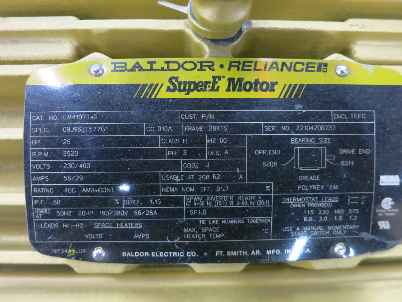 Baldor EM4107T-G 25 HP AC Motor 230/460V 3520 RPM 284TS Reliance Super-E TEFC (DW8156-1)