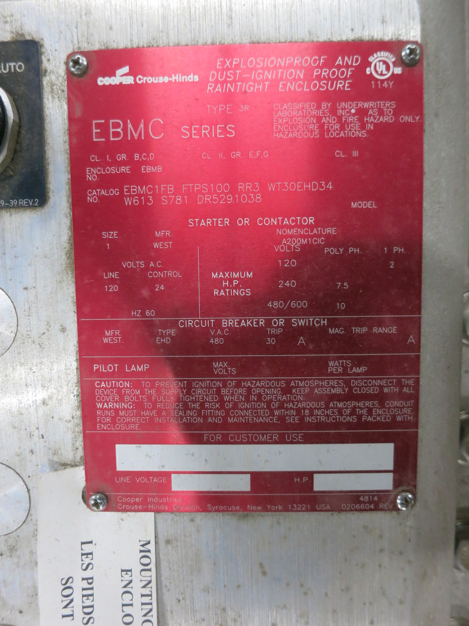NEW Cooper EBMC1FB 30A Breaker Size 1 Starter Explosion Proof Combo Box 30 Amp (DW8162-1)