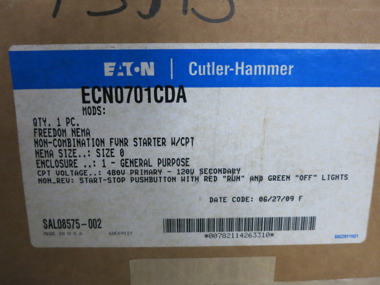 NEW Eaton ECN0701CDA Enclosed Size 0 Motor Starter AN16BN0 Start/Stop 480V CPT (DW8167-2)